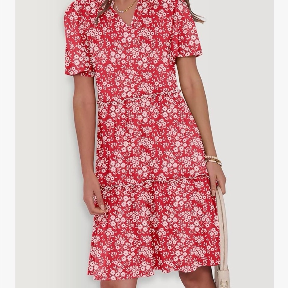 Red Floral Print V-Neck Midi Dress - Picture 7 of 10
